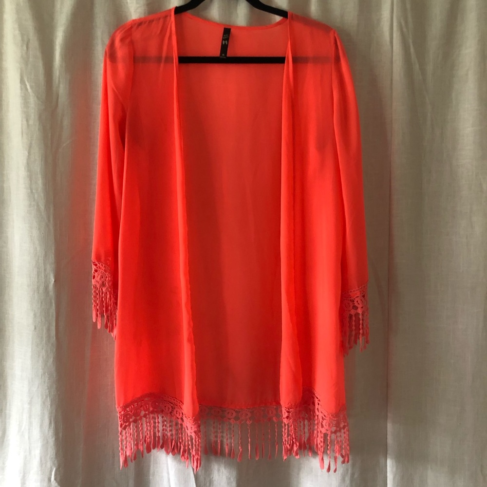 Sheer chiffon with fringe kimono cover up